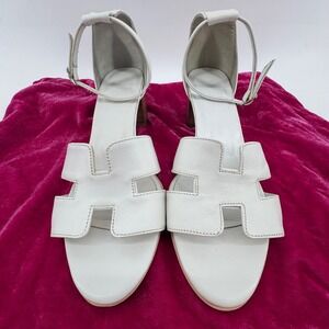 Sandals White Strappy Leather Block Heel Ankle Strap Women Size EU 40 US 9-9.5